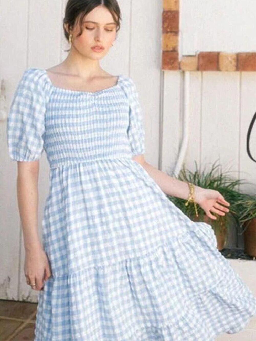 Calista Small $100 Blue White Gingham Puff Sleeve Smocked Bodice Tiered Dress